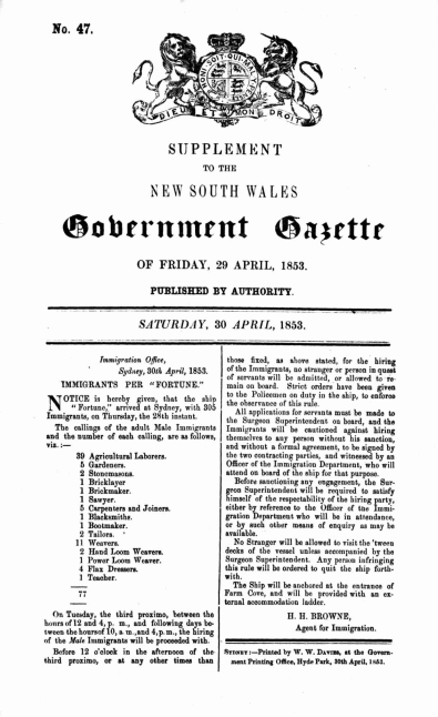 IMMIGRANTS PER "FORTUNE." New South Wales Government Gazette (Sydney, NSW: 1832 - 1900), Saturday 30 April 1853, [Issue No.47 (SUPPLEMENT)], p. 756 