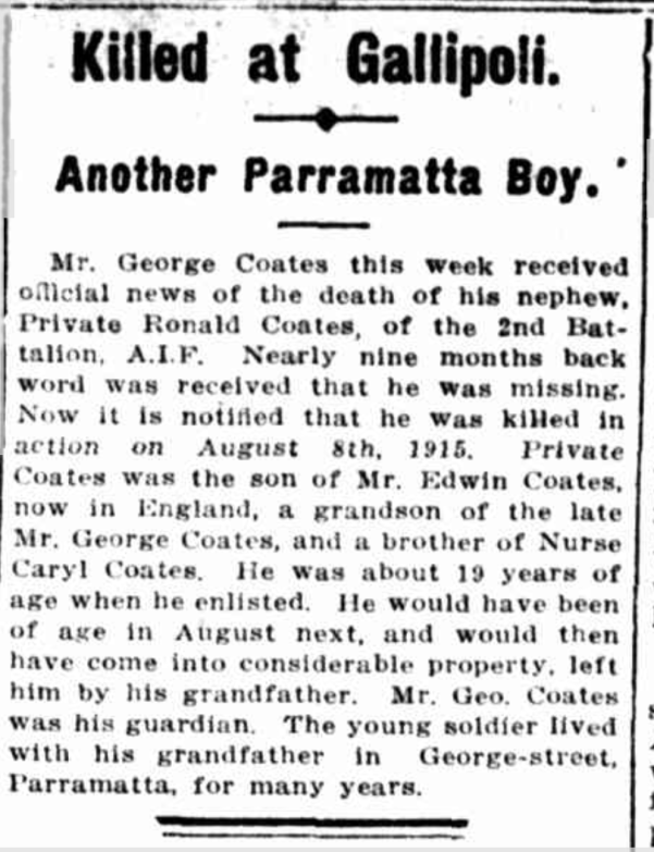 “Killed at Gallipoli. Another Parramatta Boy,” The Cumberland Argus and Fruitgrowers Advocate (Parramatta, NSW: 1888 - 1950), Wednesday 24 May 1916, p. 3